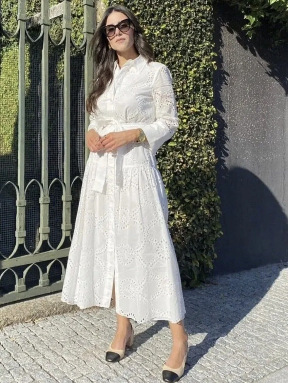 Zara Viral White Cotton Eyelet Embroidered Drop Waist Midi Shirt Dress - XS - Picture 6 of 10